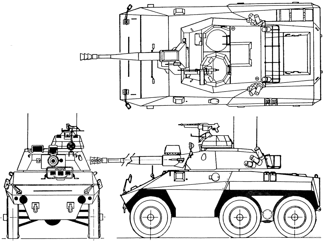 3-view technical drawing of the EE-9 Cascavel
