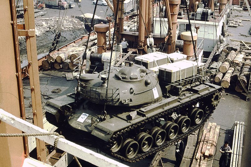 M48 being lifted aboard TS Nabob, New York 1956