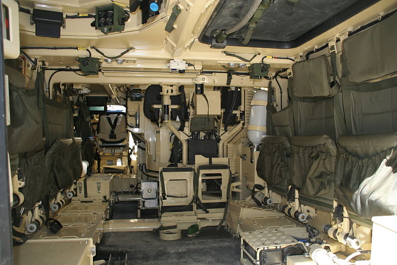 The troop and combat compartments of the Ulan. The driver's position can also be seen on the left, in the back of the photo