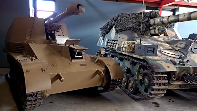 Wespe 10.5cm SPG on the left next to the larger Hummel 15cm SPG at the Deutsches Panzermuseum, The German Tank Museum in Munster, Germany