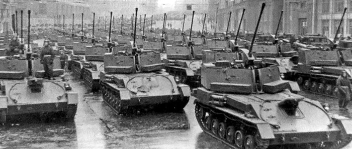 A large column of ZSU-37s on parade.