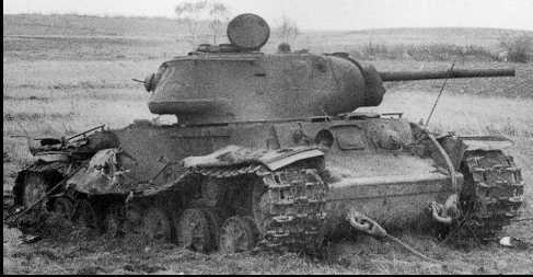 A knocked out KV-1S. The armor was far too inadequate during the mid-war, as it often faced upgraded Panzer IVs, or worse.