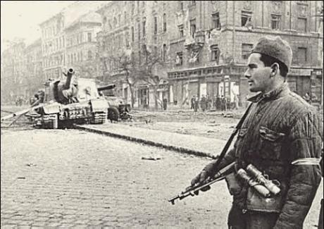  Hungarian partisan stands guard near a knocked out ISU-152, 1956.