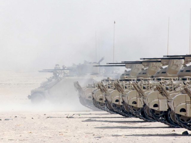 Bahraini M113 C&Vs on a shooting range during Peninsula Shield 9