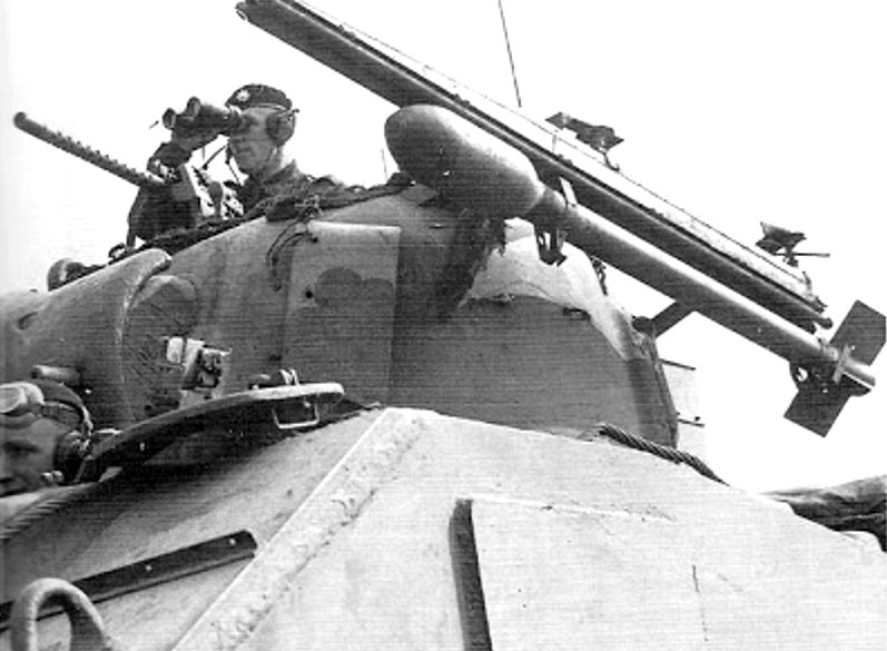British Sherman Mk.V tank fitted with 60 lb RP-3 (Rocket Projectile 3-inch) air to ground aircraft rocket launcher rails