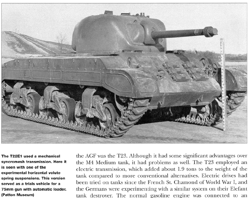T22E1 with a synchromesh transmission, experimental HVSS and 75 mm (2.95 in) cannon fitted with an autoloader.