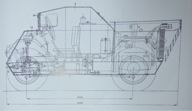 Schematic of the Autoblinda Lince showing the internal layout, including the engine, transmission, steering and crew compartment