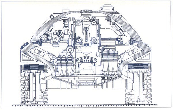 Rear cutaway view of the IS-7. Note the thicknesses of the armor on the turret and hull sides.