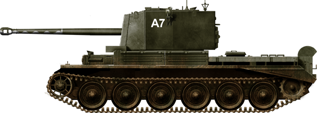 The A.30 Cruiser Mark VIII Challenger (1943) was a derivative of the Cromwell, and the only one fitted with the massive 17-pdr (3 in/76.2 mm) gun.