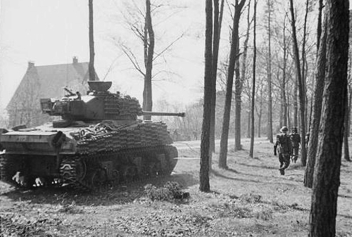 Fireflies of the 5th Canadian Armoured Division assists the 49th infantry Division clearing Germans from the Ede woods, 17 April 1945