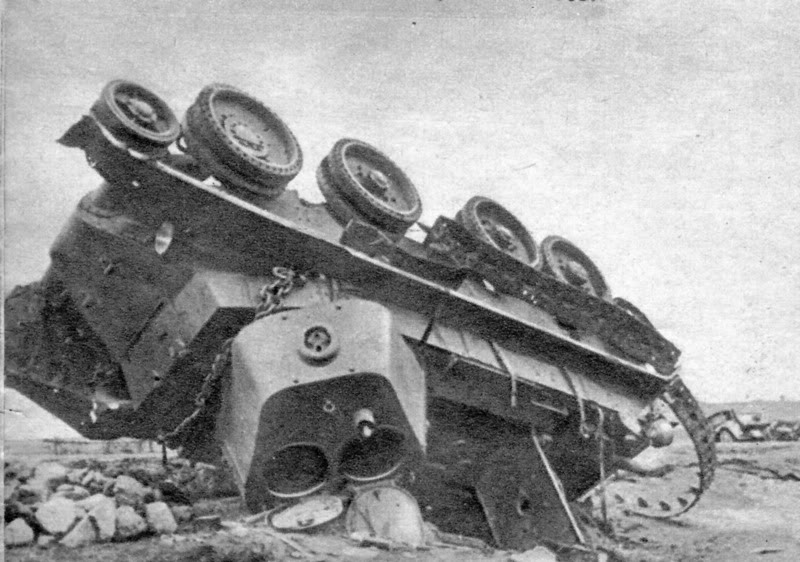 A BT-7 allegedly overturned by a SC 250 bomb from a Stuka ground attack plane in July 1941.